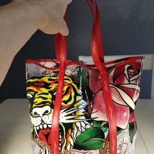 Ed Hardy Tote with Red Handles and Graphic Design
